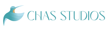 Chas Studios logo featuring a blue and orange hummingbird.