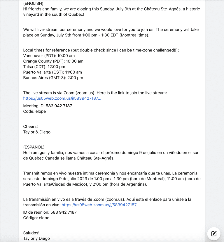 Un correo electrónico digital con información relacionada con la boda.