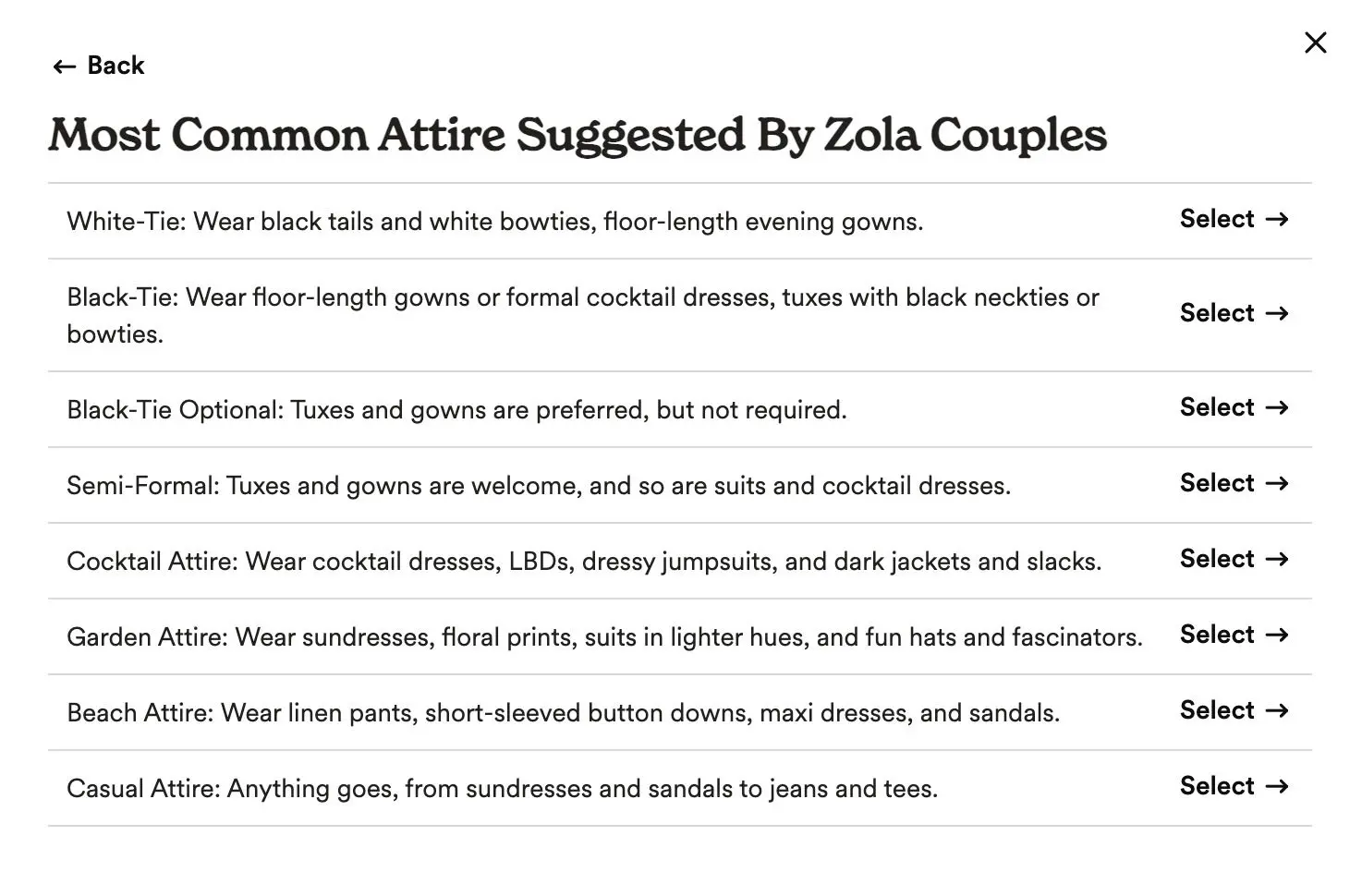 Common attire suggestions by Zola couples